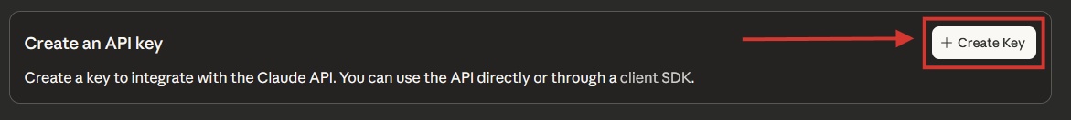 Nút Create Key để tạo Claude API key