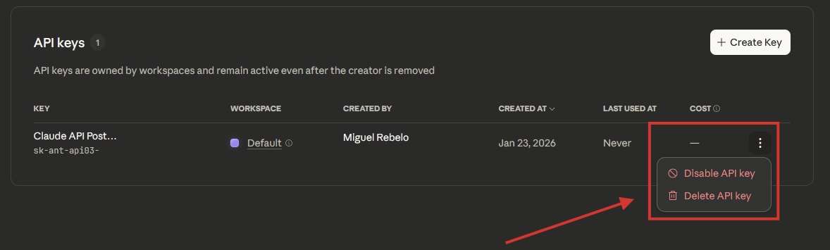 Danh sách các API key trong nền tảng Claude API