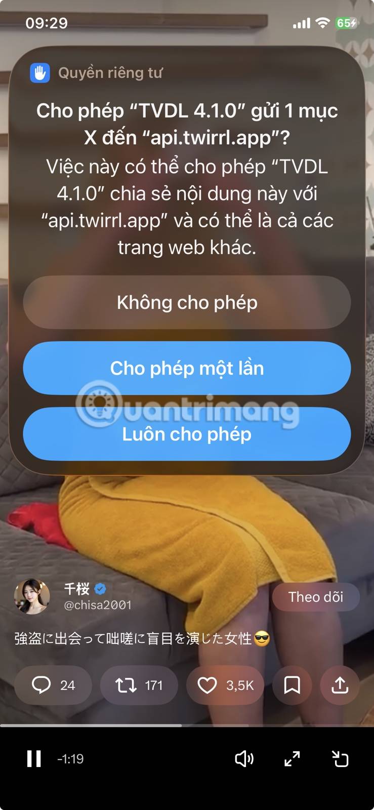Cấp quyền cho phím tắt tải xuống video X chạy trên iPhone.
