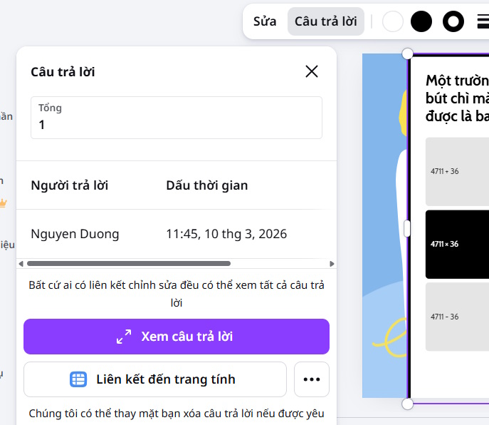 Xem câu trả lời trong slide trên Canva