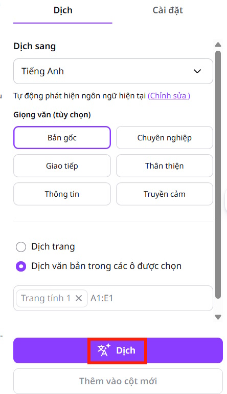 Chọn ngôn ngữ dịch bảng dữ liệu Canva Sheets