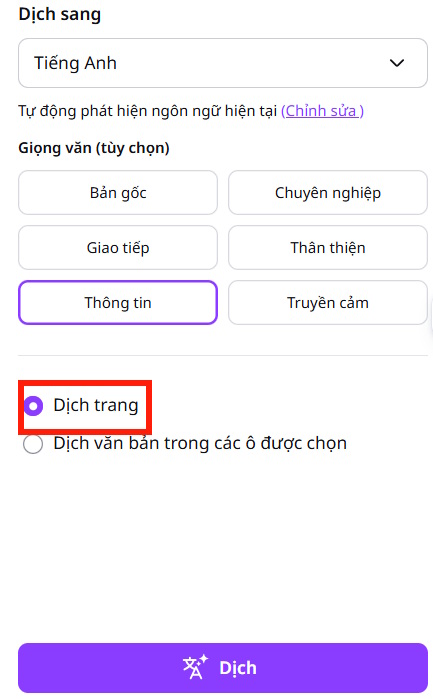 Dịch toàn bộ bảng dữ liệu Canva Sheets