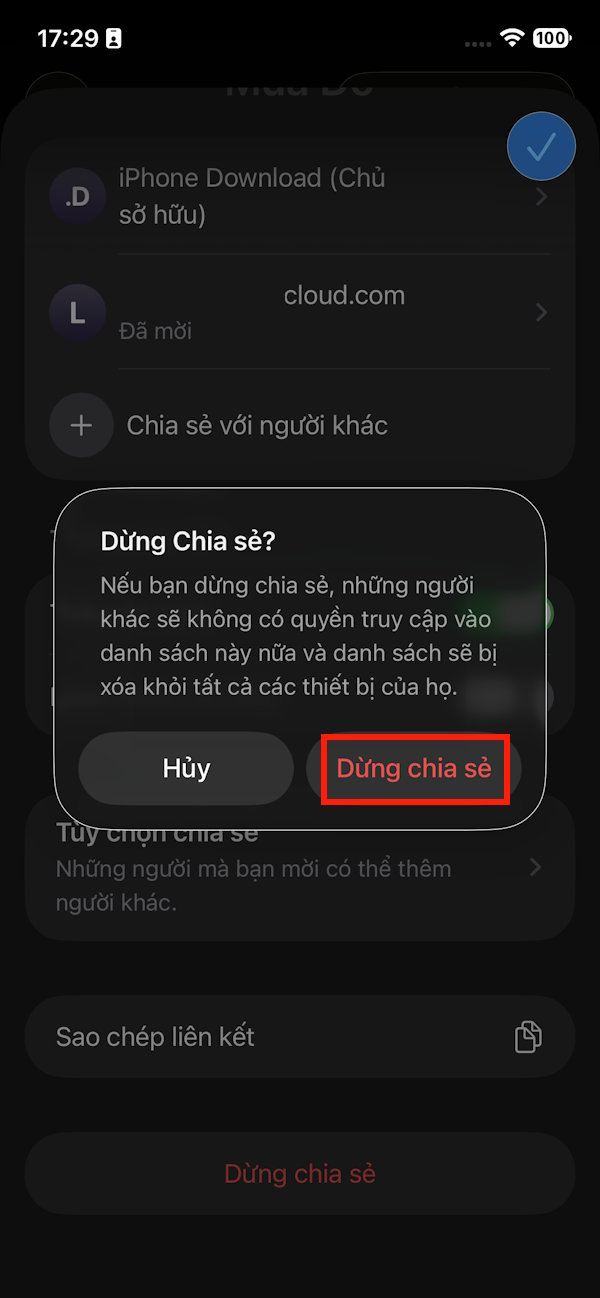 Dừng chia sẻ danh sách lời nhắc iPhone