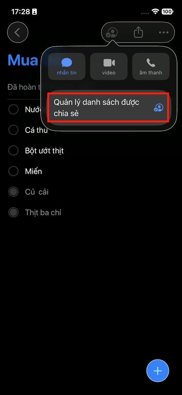 Quản lý lời nhắc đã chia sẻ 