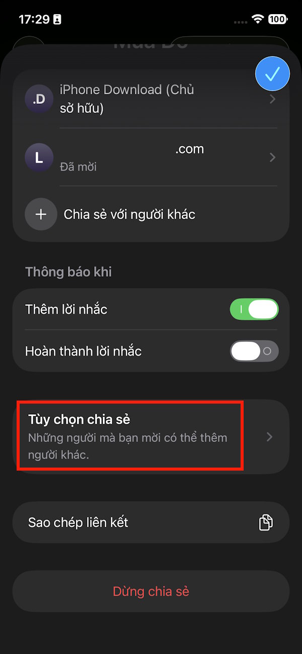 Tùy chọn quyền chia sẻ