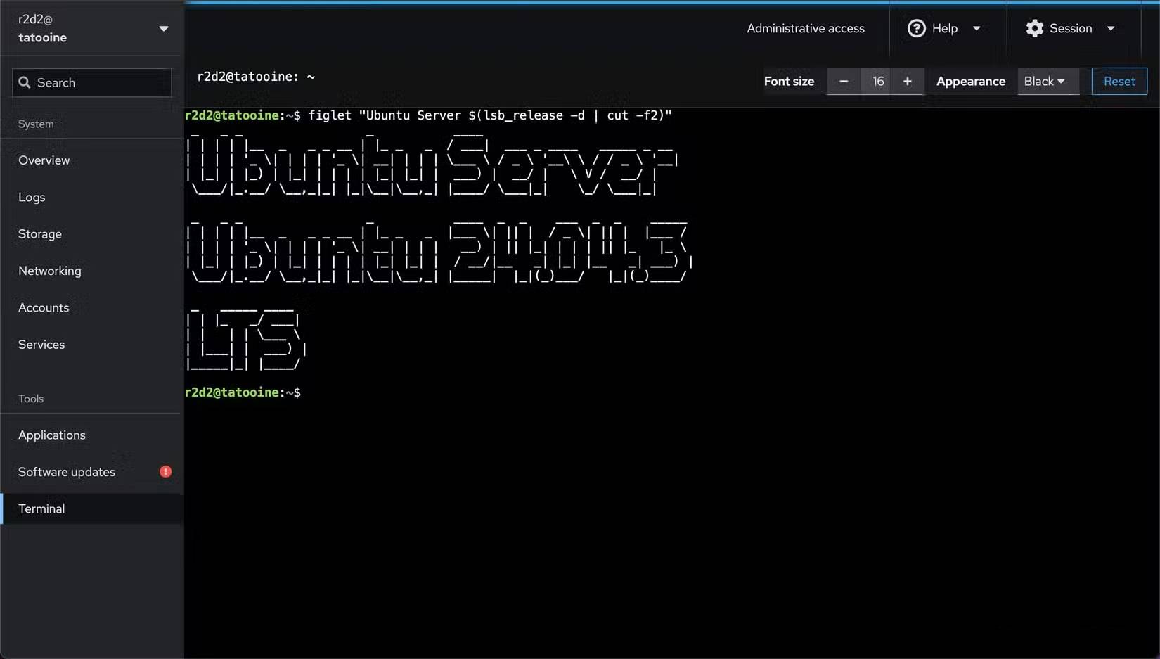 Cửa sổ terminal Ubuntu Server đang mở trong bảng điều khiển web.