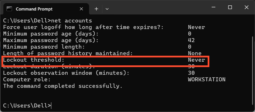 Command Prompt kiểm tra số lần đăng nhập không hợp lệ