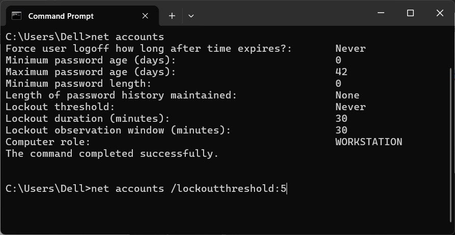 Đổi số lần đăng nhập sai qua Command Prompt