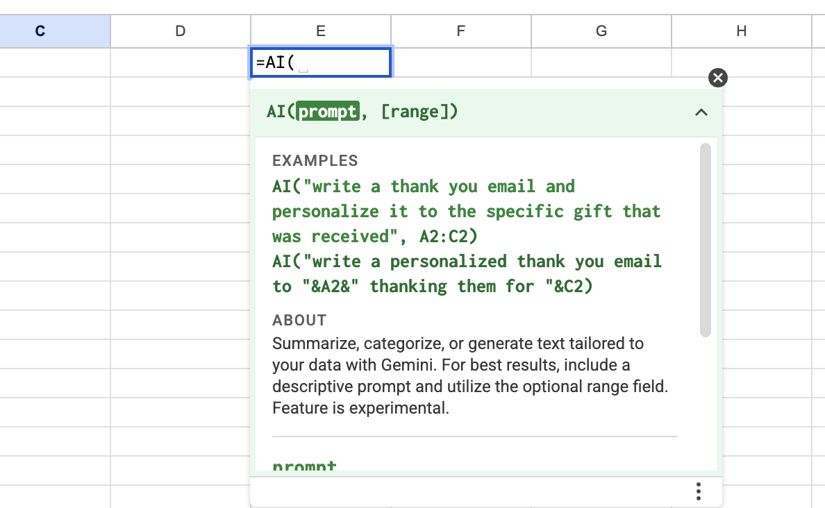Các tham số của hàm AI trong Google Sheets