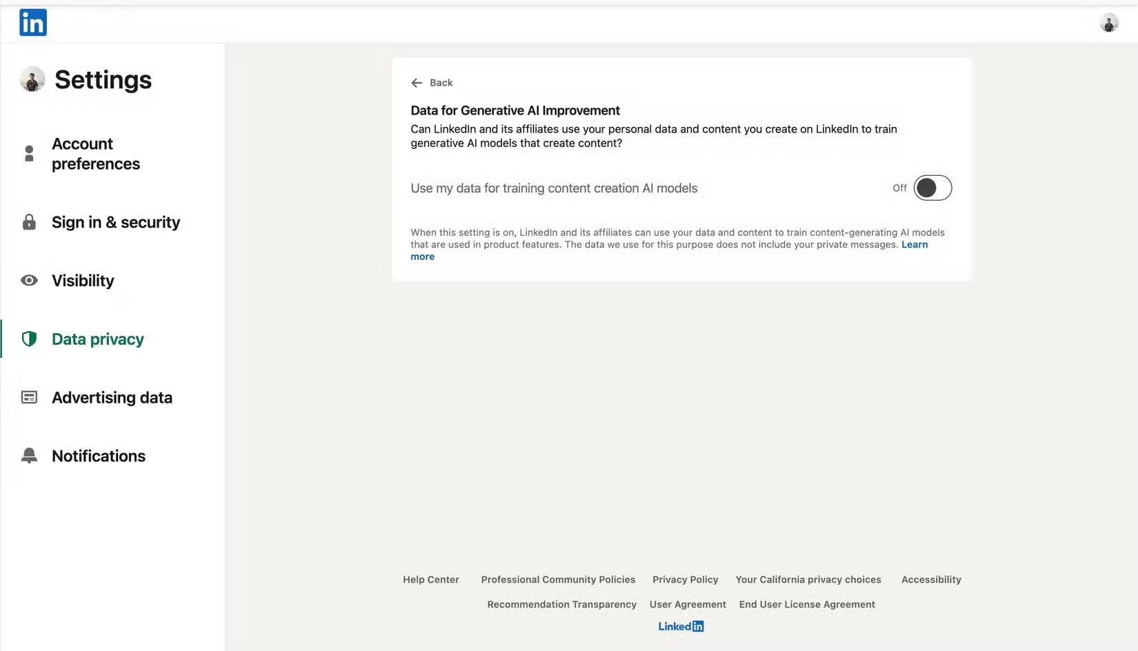 Trang cài đặt quyền riêng tư dữ liệu trên LinkedIn