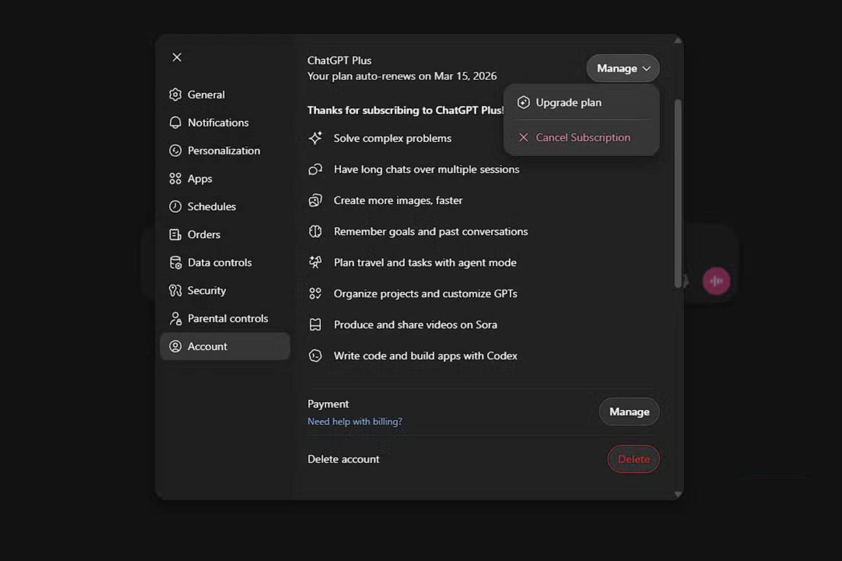 Màn hình hủy đăng ký trong cài đặt ChatGPT