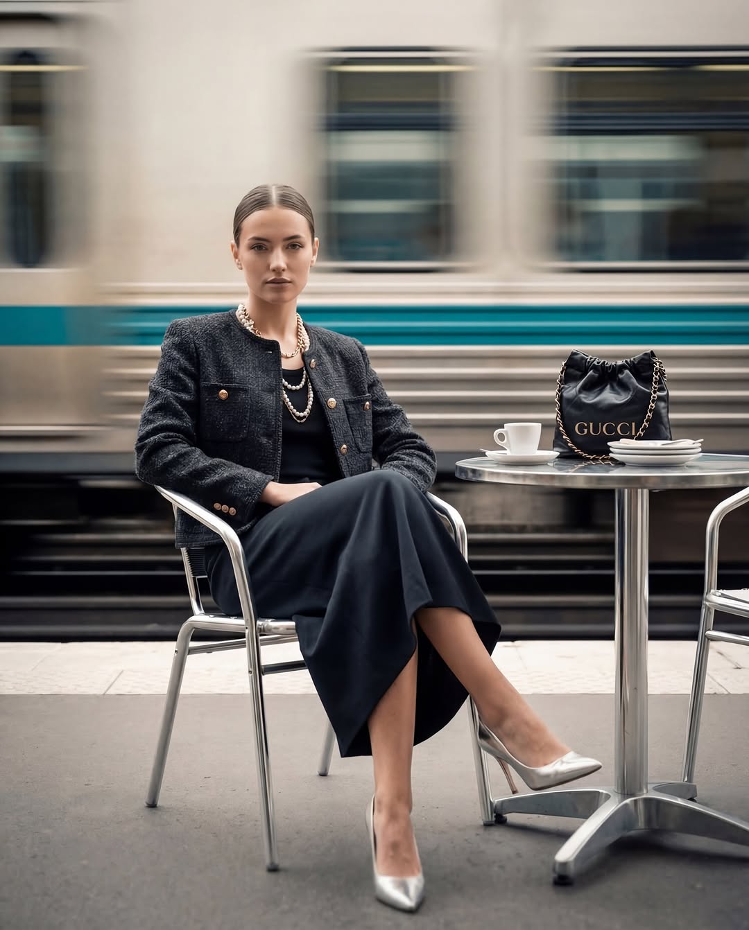 Một bức ảnh với chủ thể sắc nét ở tiền cảnh và hiệu ứng làm mờ chuyển động điện ảnh chân thực của một đoàn tàu ở hậu cảnh