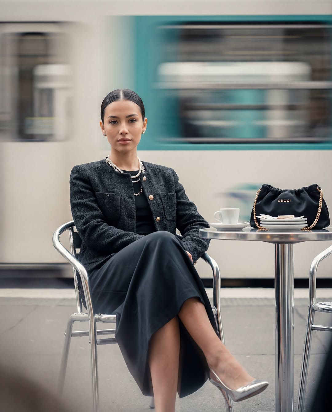 Một bức ảnh của chiến dịch cho thấy ánh nhìn nhất quán của người mẫu và ánh sáng cao cấp xuyên suốt buổi chụp.