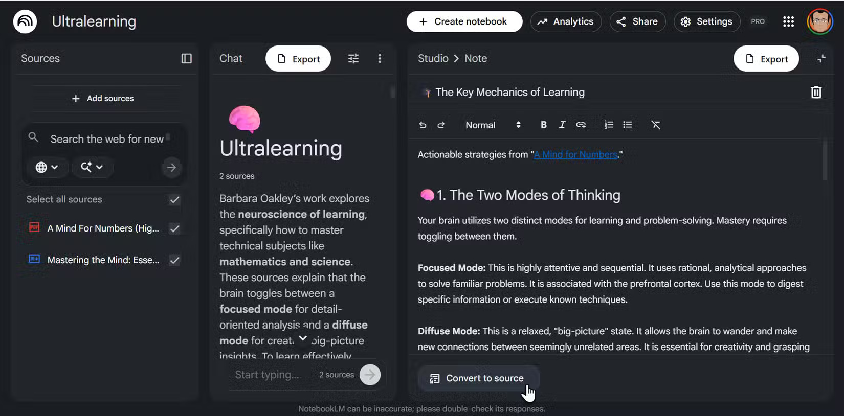 Tùy chọn Convert to Source trong NotebookLM.