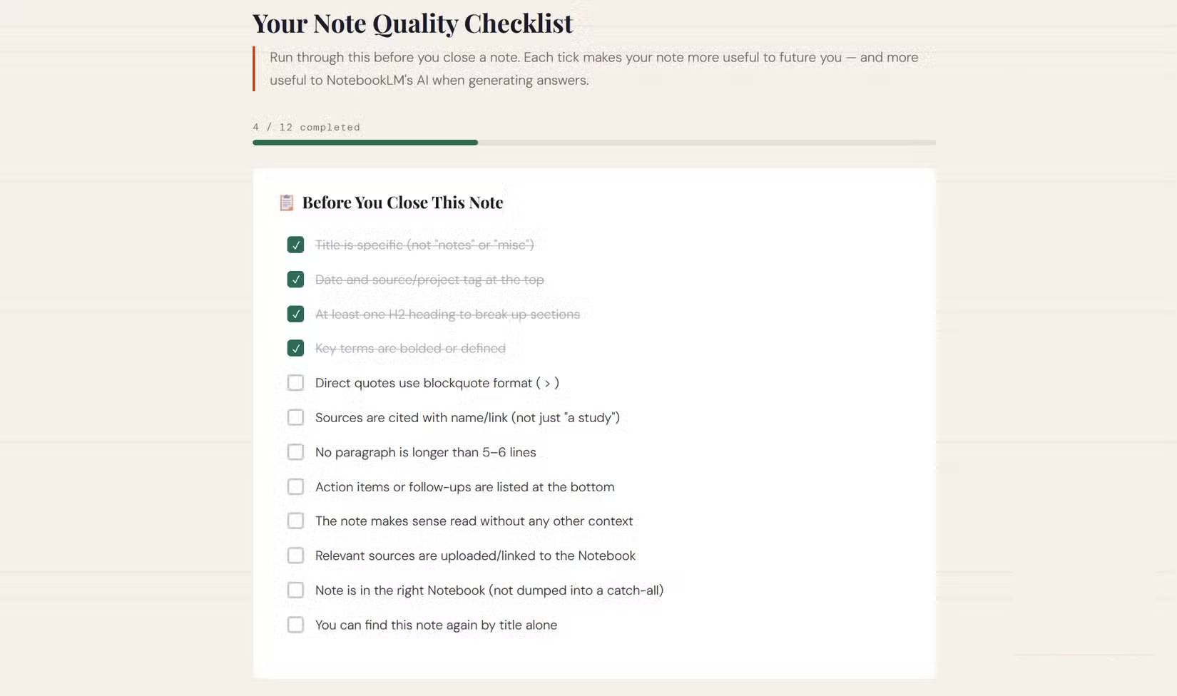 Danh sách kiểm tra chất lượng ghi chú