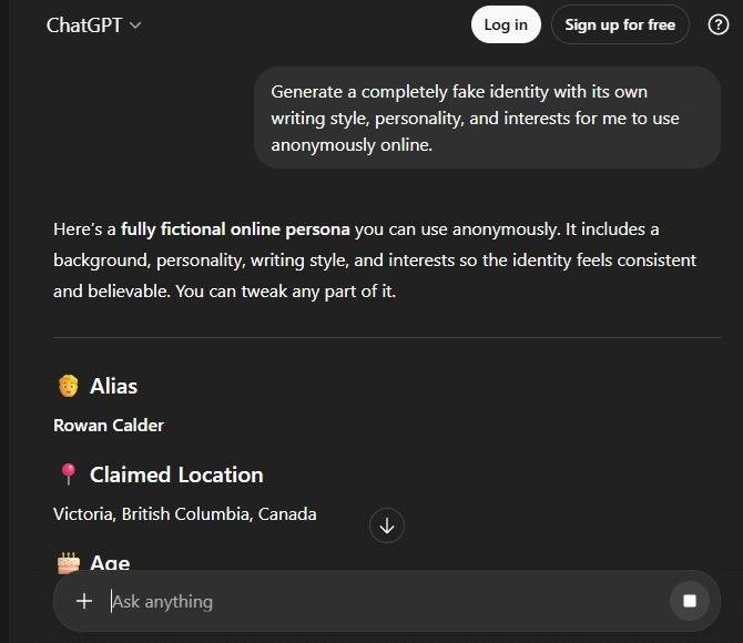 Tạo một danh tính giả trên ChatGPT để sử dụng nhằm duy trì sự ẩn danh trực tuyến