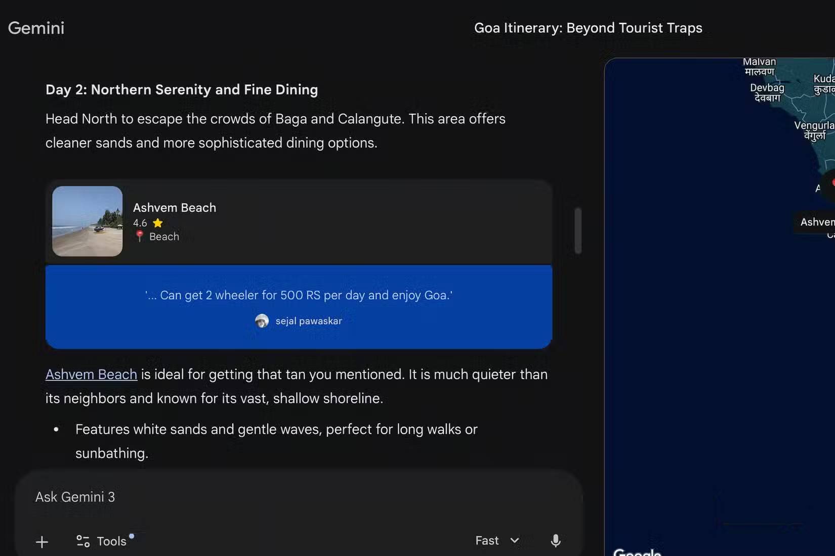 Nhờ Gemini lập kế hoạch hành trình cho Goa