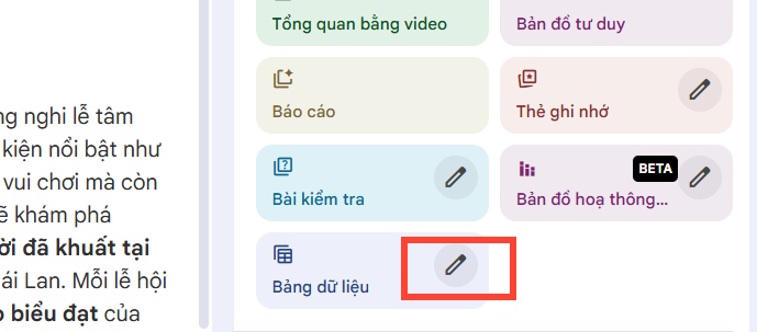 Chỉnh bảng tạo trên NotebookLM