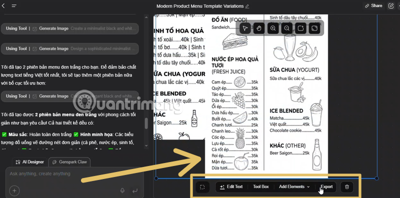 tạo menu quán ăn bằng AI