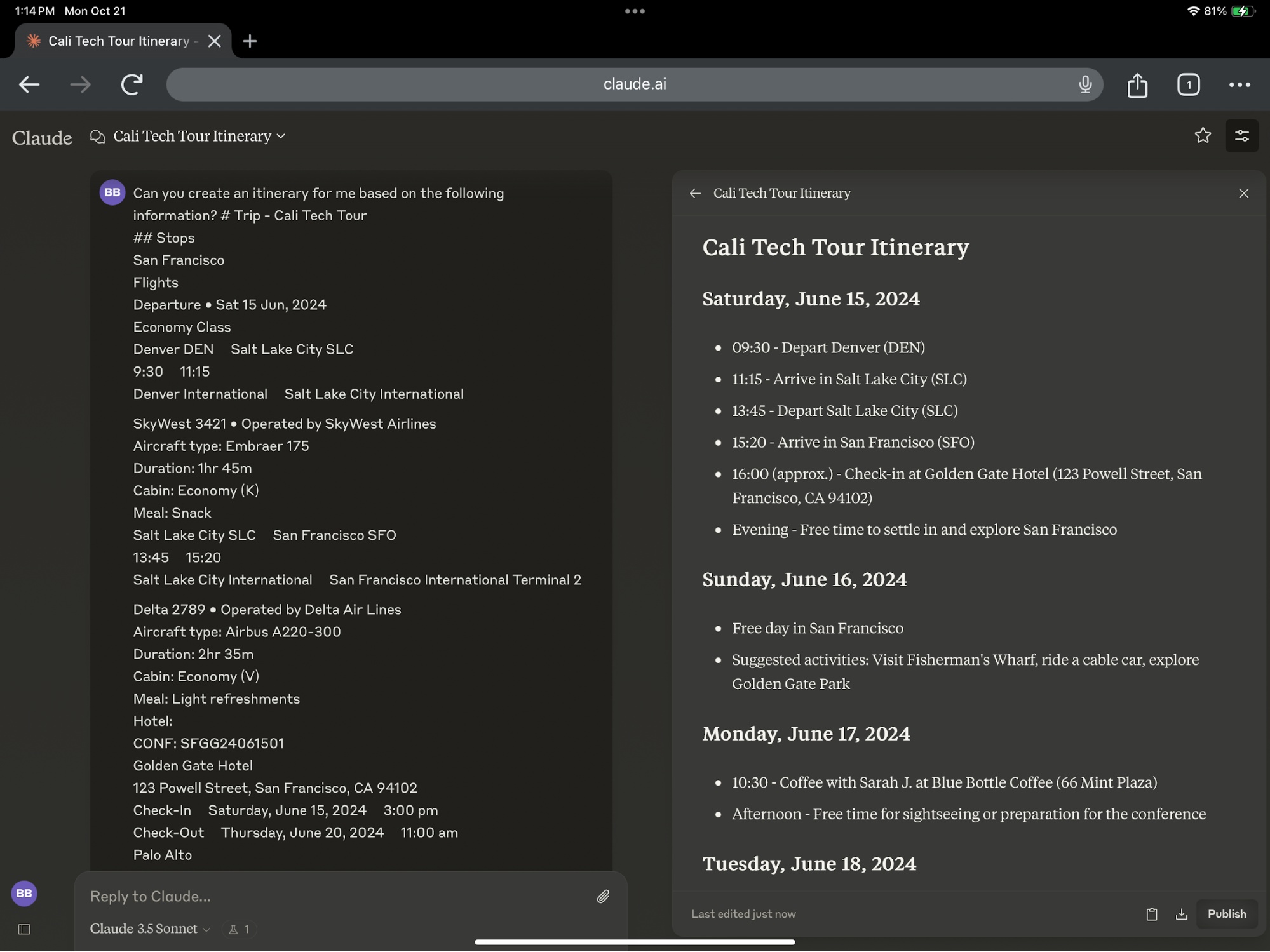 Ví dụ về một Claude Artifact chứa tài liệu