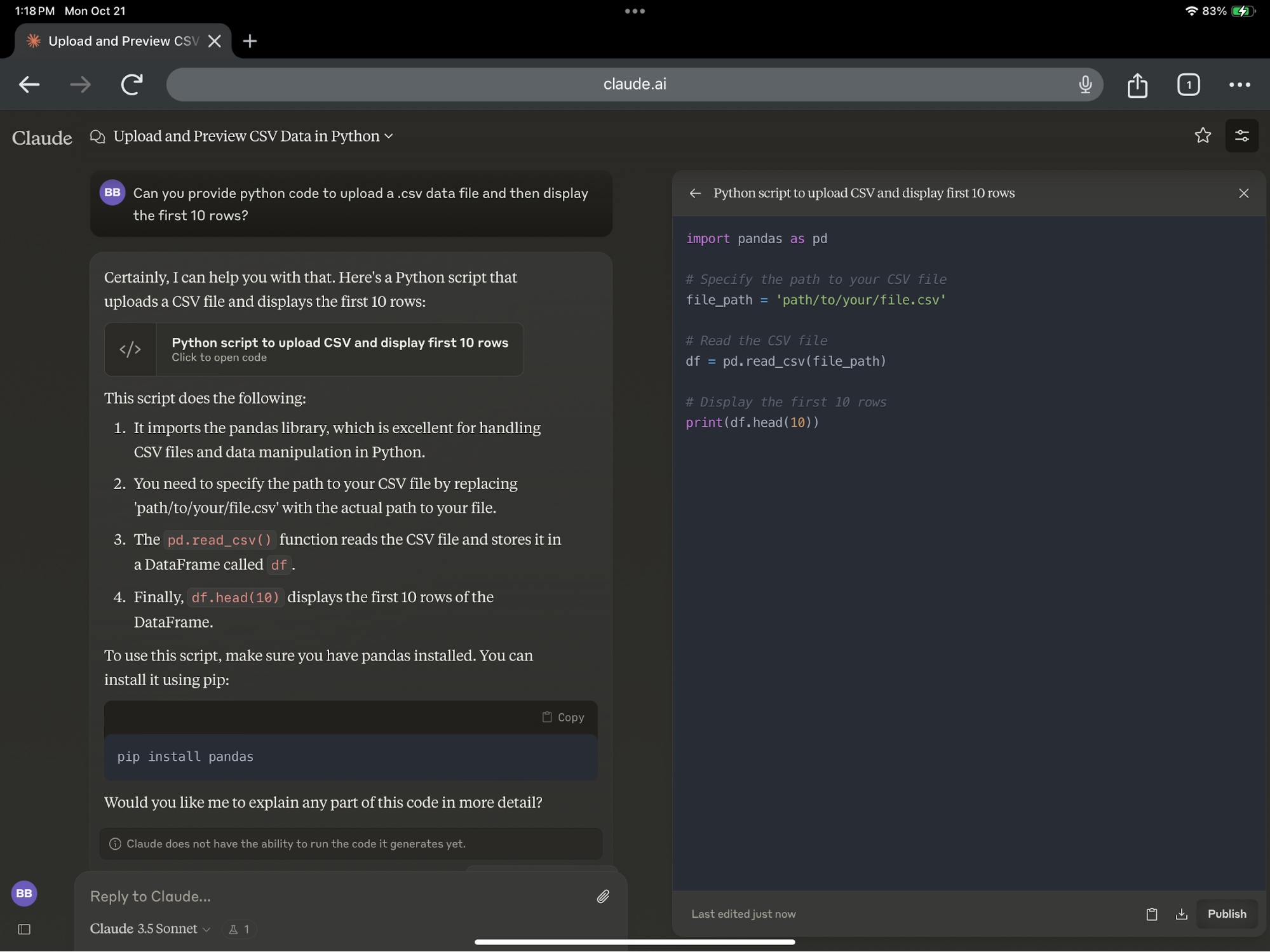 Ví dụ về Artifact Claude chứa code