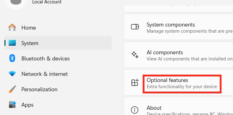 Optional features Windows 11