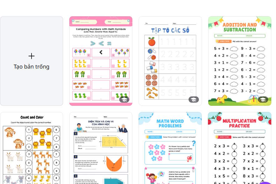 Chọn phiếu bài tập trên Canva 