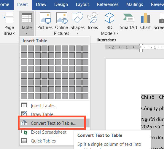 Convert Text to Table trong Word