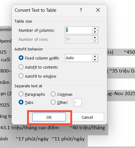 Chỉnh cột và bảng paste từ ChatGPT trong Word