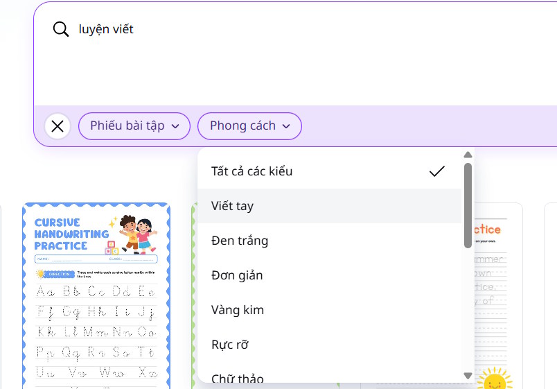 Tìm phiếu luyện viết tay trên Canva 