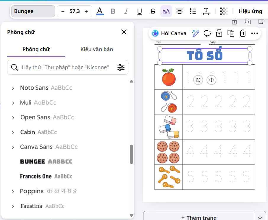 Chỉnh font tiêu đề phiếu viết tay trên Canva 