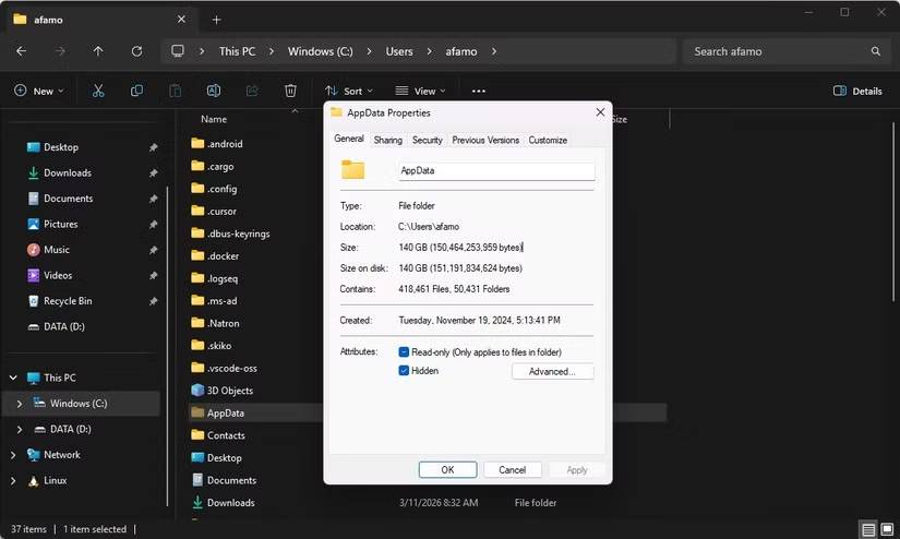 Kích thước thư mục AppData