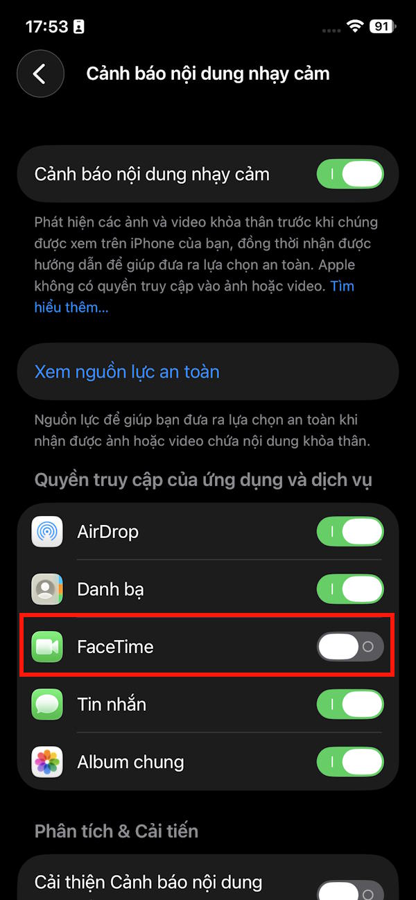 Tắt cảnh báo nhạy cảm cho FaceTime
