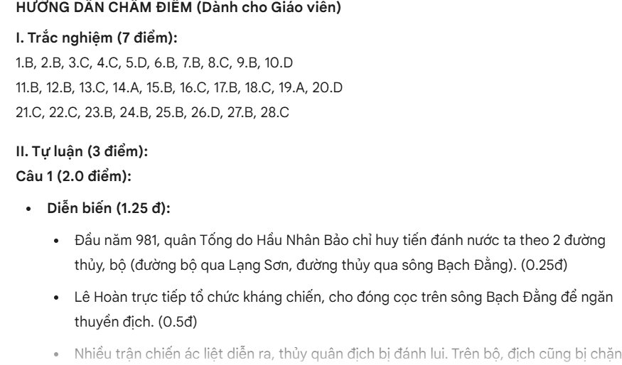 Phần kết quả đề kiểm tra