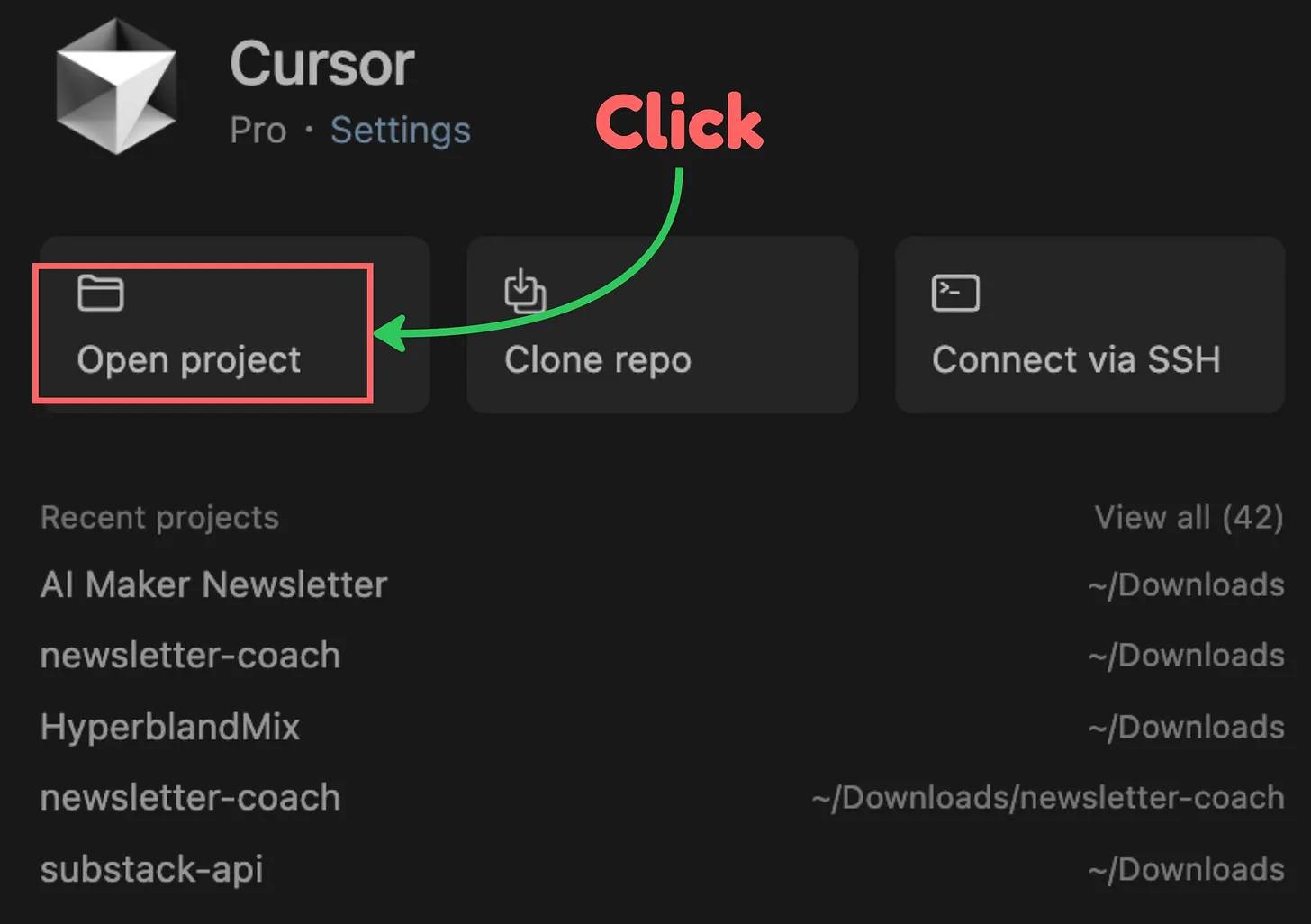 Mở Cursor và nhấp vào “Open Project” để truy cập thư mục dự án của bạn