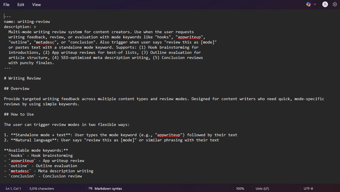 File SKILL.md của Claude Skills đang mở trên Notepad