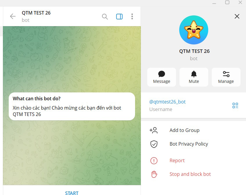 Mở bot trên Telegram