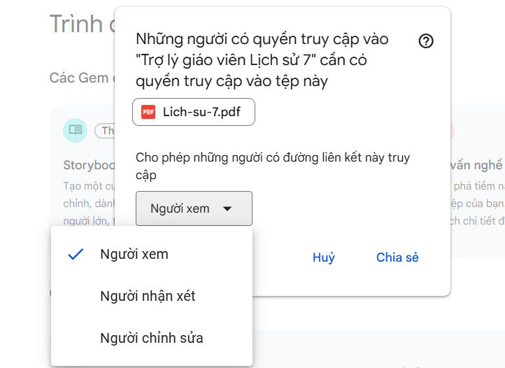 Chế độ chia sẻ tài liệu trong trợ lý trên Gemini