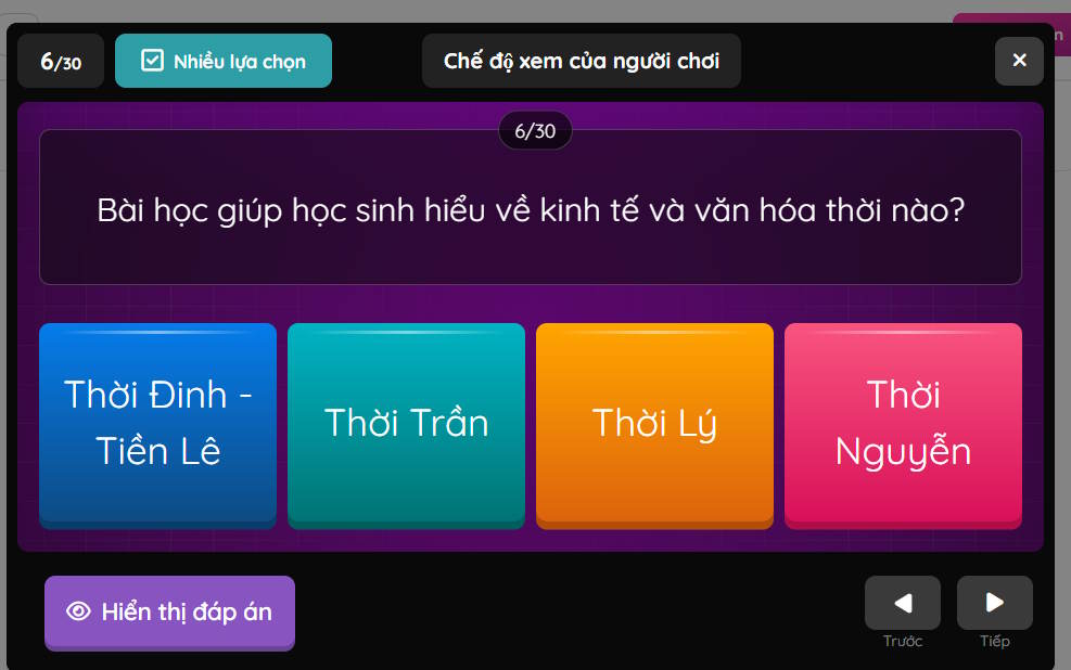 Giao diện bộ câu hỏi trên Wayground