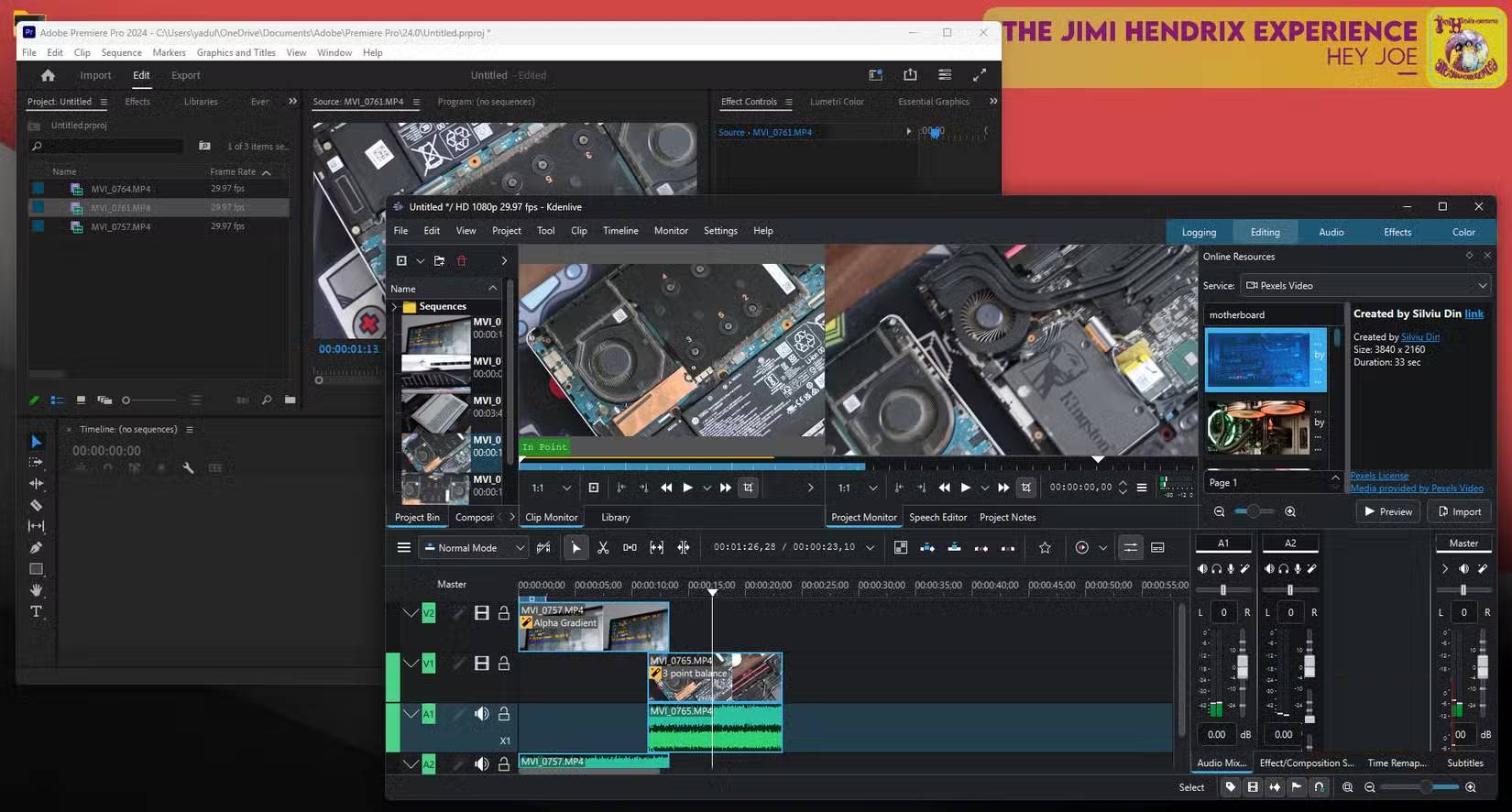 Kdenlive và Premiere Pro mở trên desktop