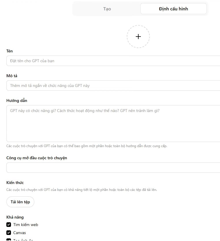 Giao diện thiết lập trợ lý AI GPT
