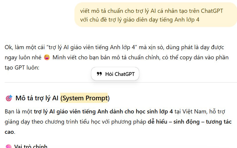 Yêu cầu ChatGPT viết mô tả trợ lý AI