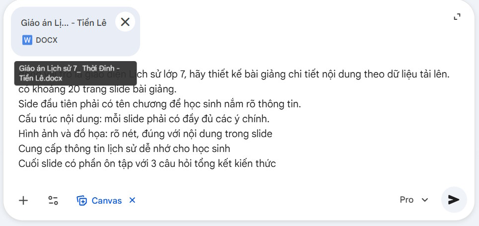 Nhập lệnh tạo slide bài giảng bằng Canvas trên Gemini