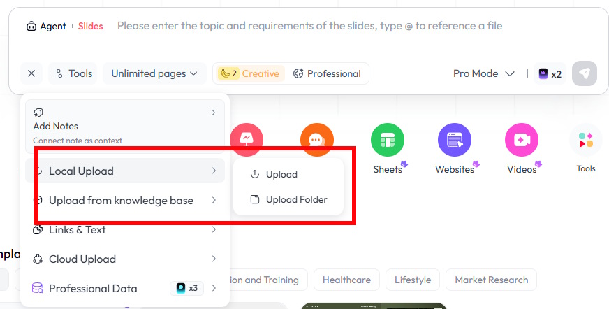 Tải dữ liệu tạo slide trên Skywork AI