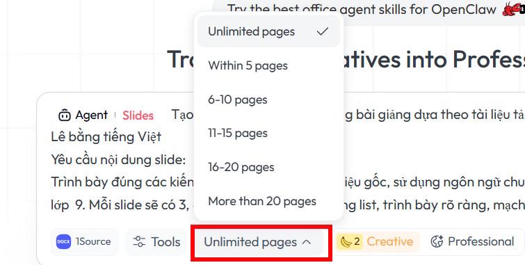 Số trang slide tạo trên Skywork AI