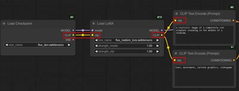 Cách kết nối LoRA giữa checkpoint và các node Prompt.