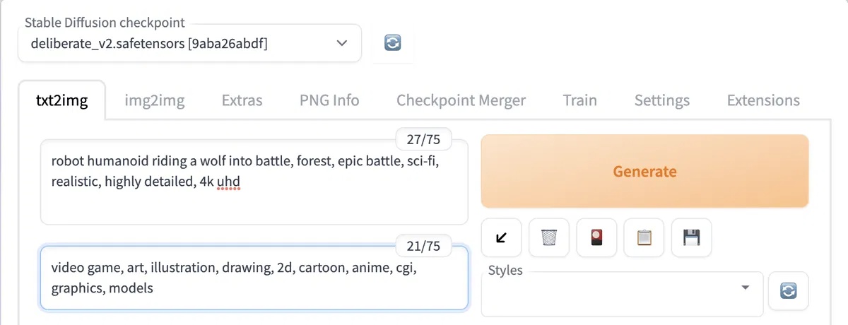 Các prompt được nhập vào Automatic1111.