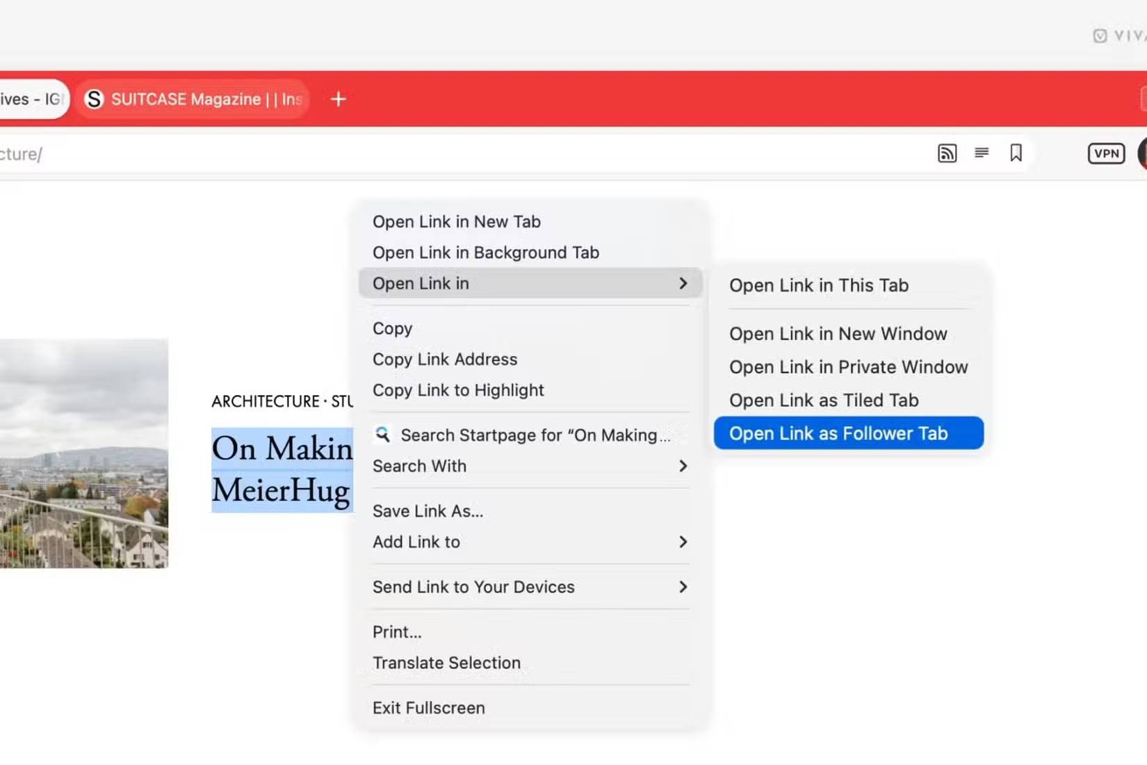Tính năng mở liên kết trong Follower Tab của Vivaldi