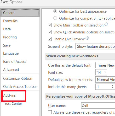 Truy cập Add-ins trên Excel