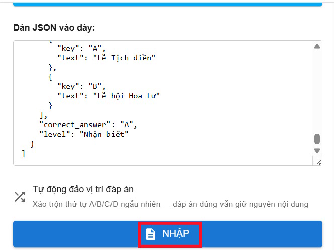 Dữ liệu câu hỏi JSON